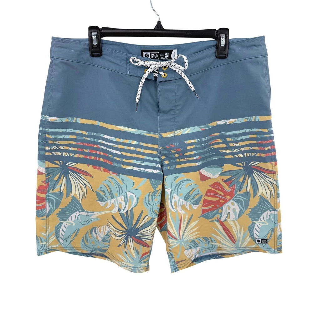 Salty Crew Ripple Blue Yellow Tropical Marlin Board Shorts Size 36 Essential